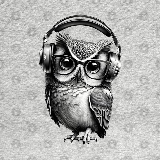 Owl Drawing in Black and White Wearing Headphones by ArtisticCorner